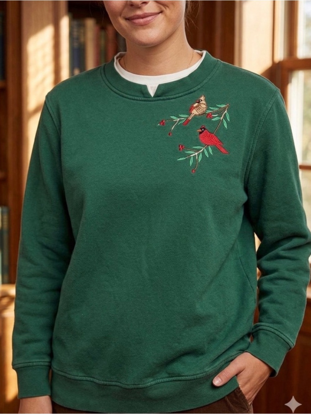 Vintage Green Embroidered Bird Crewneck Sweater - Women
